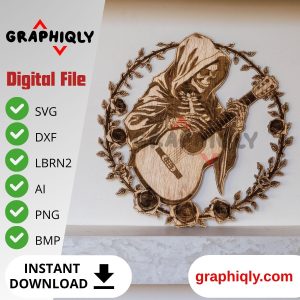 A skeleton playing a guitar with roses around it – SVG, DXF, AI, LBRN2 – (Digital Item)