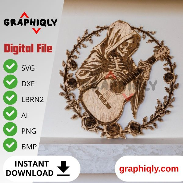A skeleton playing a guitar with roses around it Skeleton playing a guitar- SVG, DXF, AI, LBRN2 - (Digital Item)