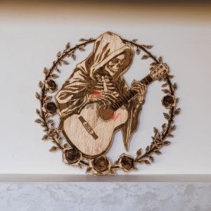 A skeleton playing a guitar with roses around it – SVG, DXF, AI, LBRN2 – (Digital Item)