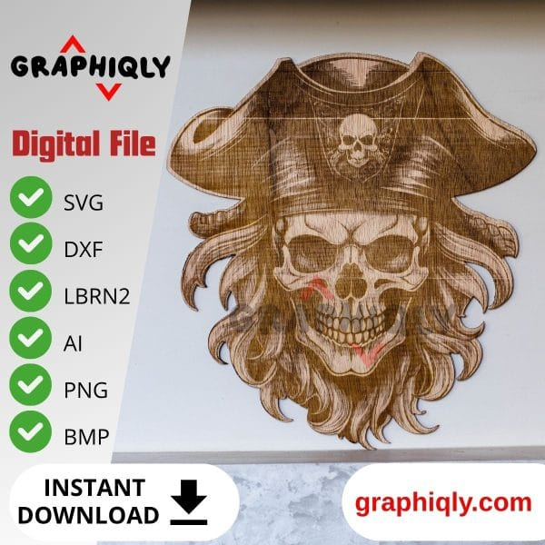 Vintage Pirate Skull - SVG, DXF, AI, LBRN2 - (Digital Item)