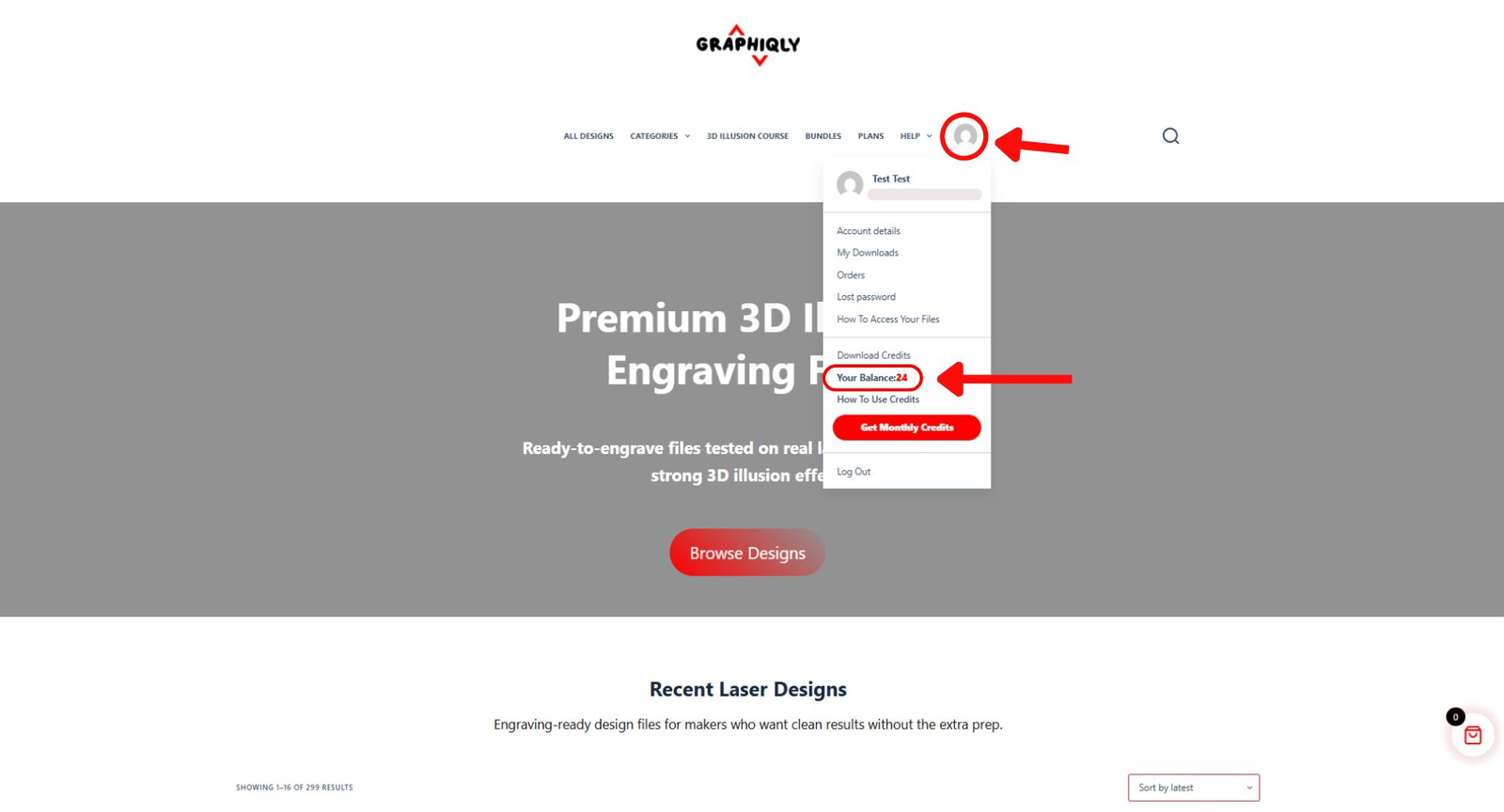 Check your Graphiqly credit balance from the account menu