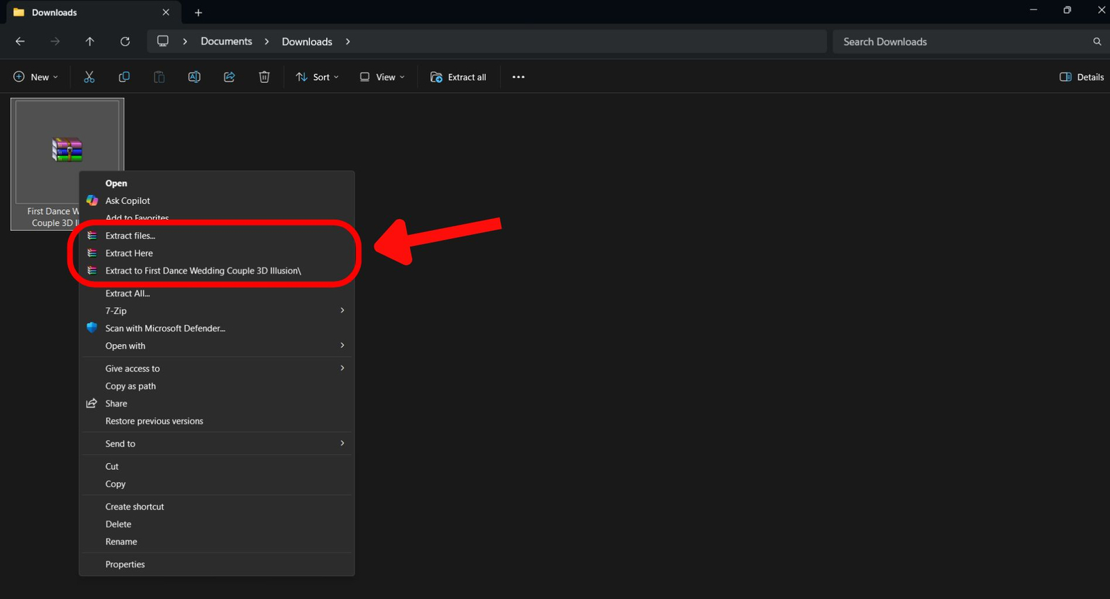 Choose an extract option for the compressed file