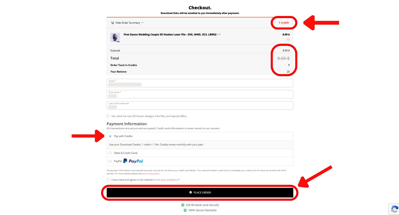 Checkout using Graphiqly credits