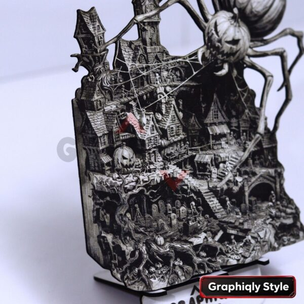 Pumpkin Spider Haunted Village 3D Illusion Laser File – SVG, WWS, XCS, LBRN2