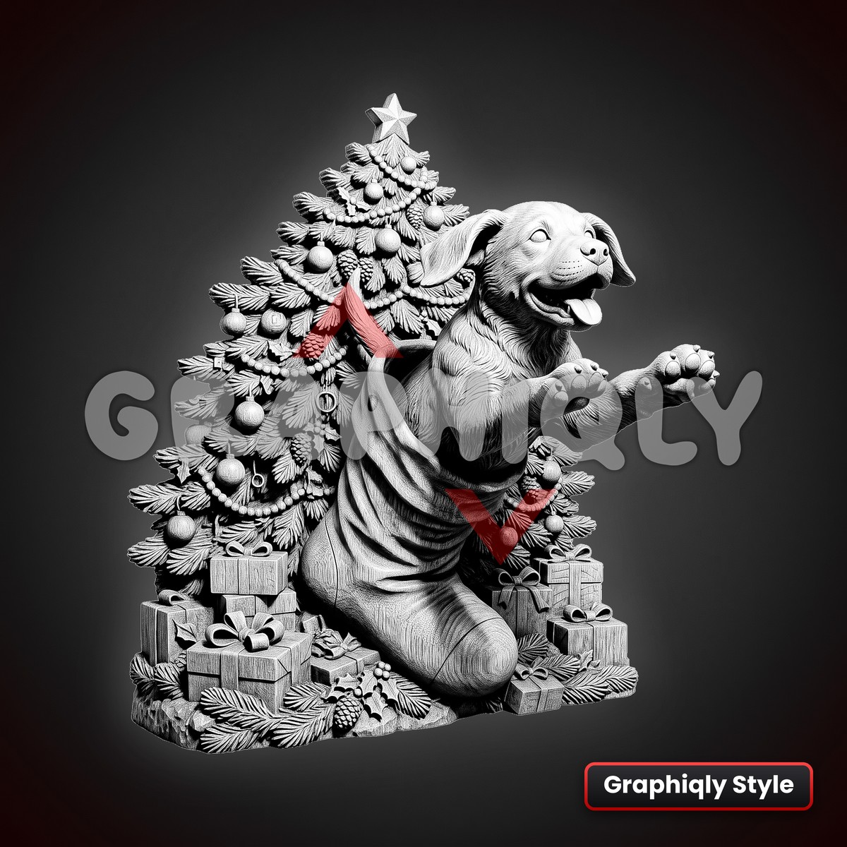 Puppy Stocking Leap By Christmas Tree 3D Illusion Laser File – SVG, PNG, BMP, LBRN2